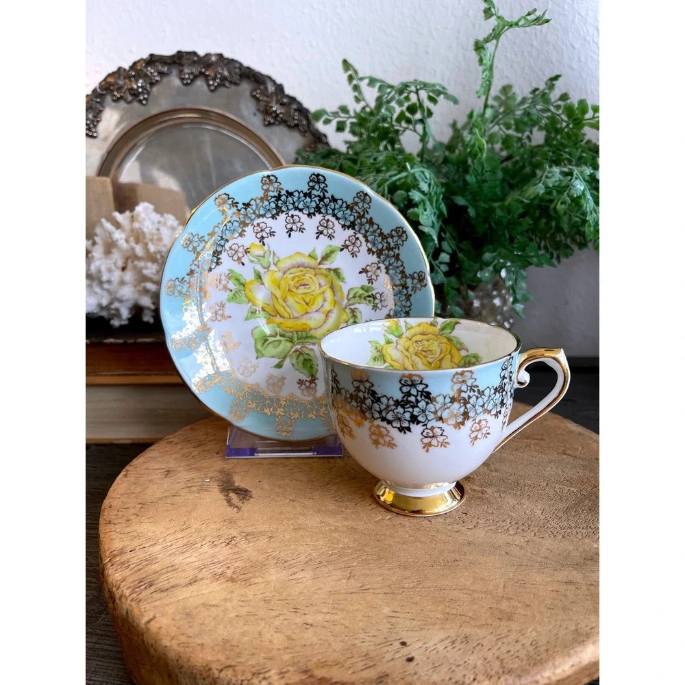 Vintage Stanley Bone China Teacup Saucer Yellow Rose Blue Gold England - Picture 1 of 10